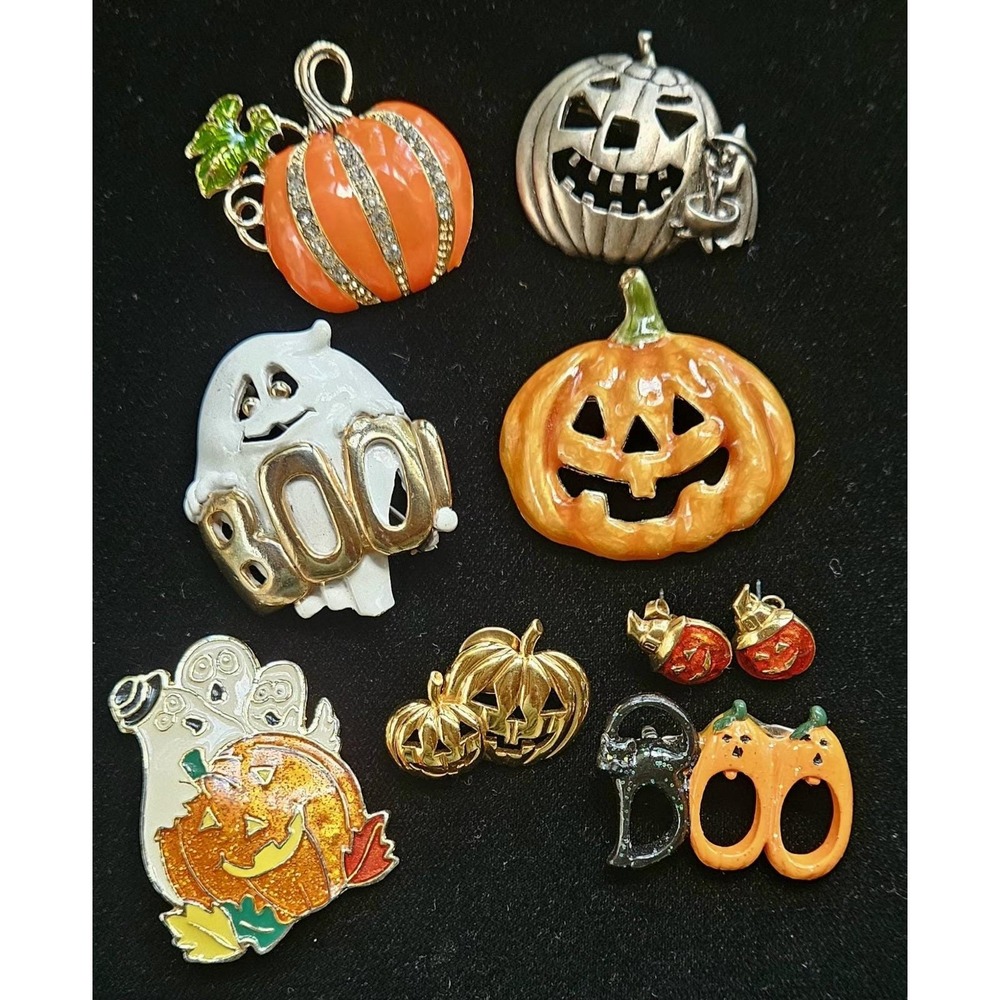 Vintage Halloween Pumpkins n Boo's Rhinestone Brooch Pins Earring Lot